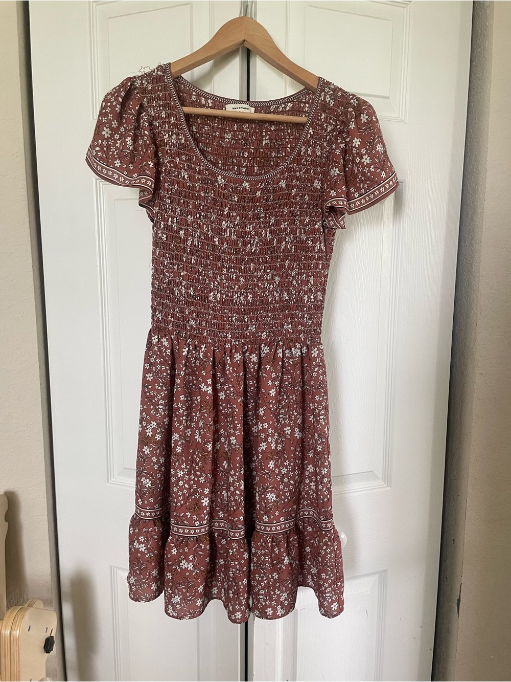 Max Studio Rust Floral Smocked Mini Dress